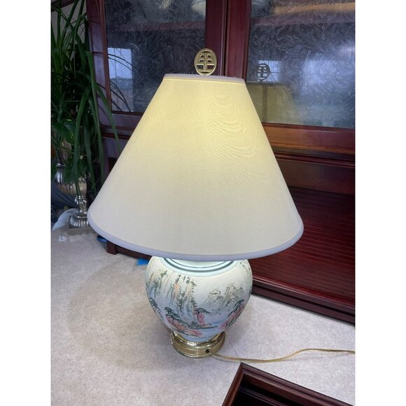 Vintage Hand-Painted Porcelain Table Lamp With Oriental Landscape Design & Brass - Picture 2 of 10